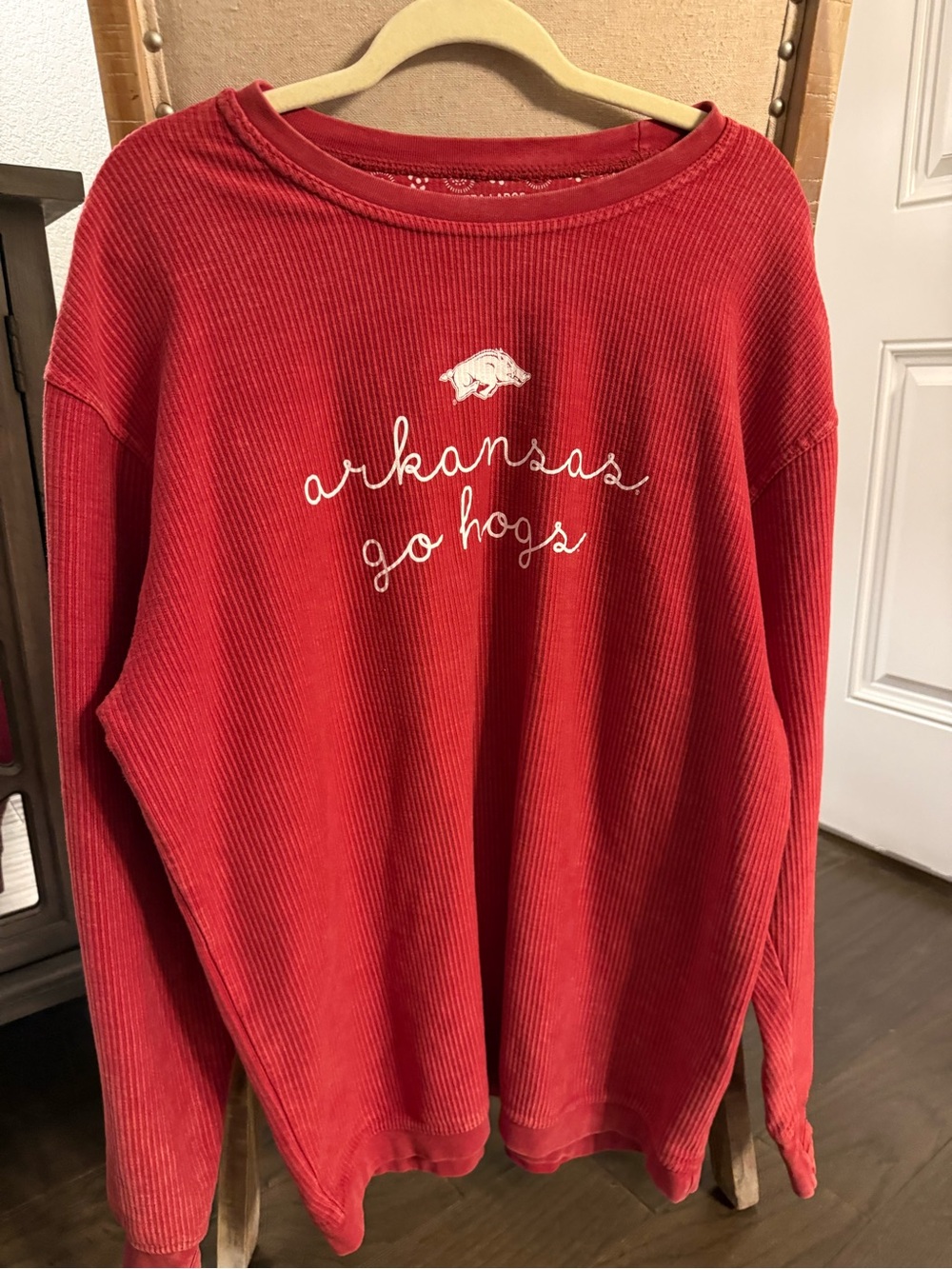 Pressbox Red Corded Crew Sweatshirt with White Script Arkansas Logo